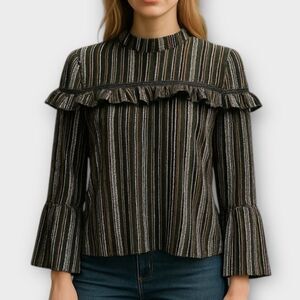 Etheral Paper Crane Anthropologie Bell Sleeve Ruffle Patterned Blouse Size S